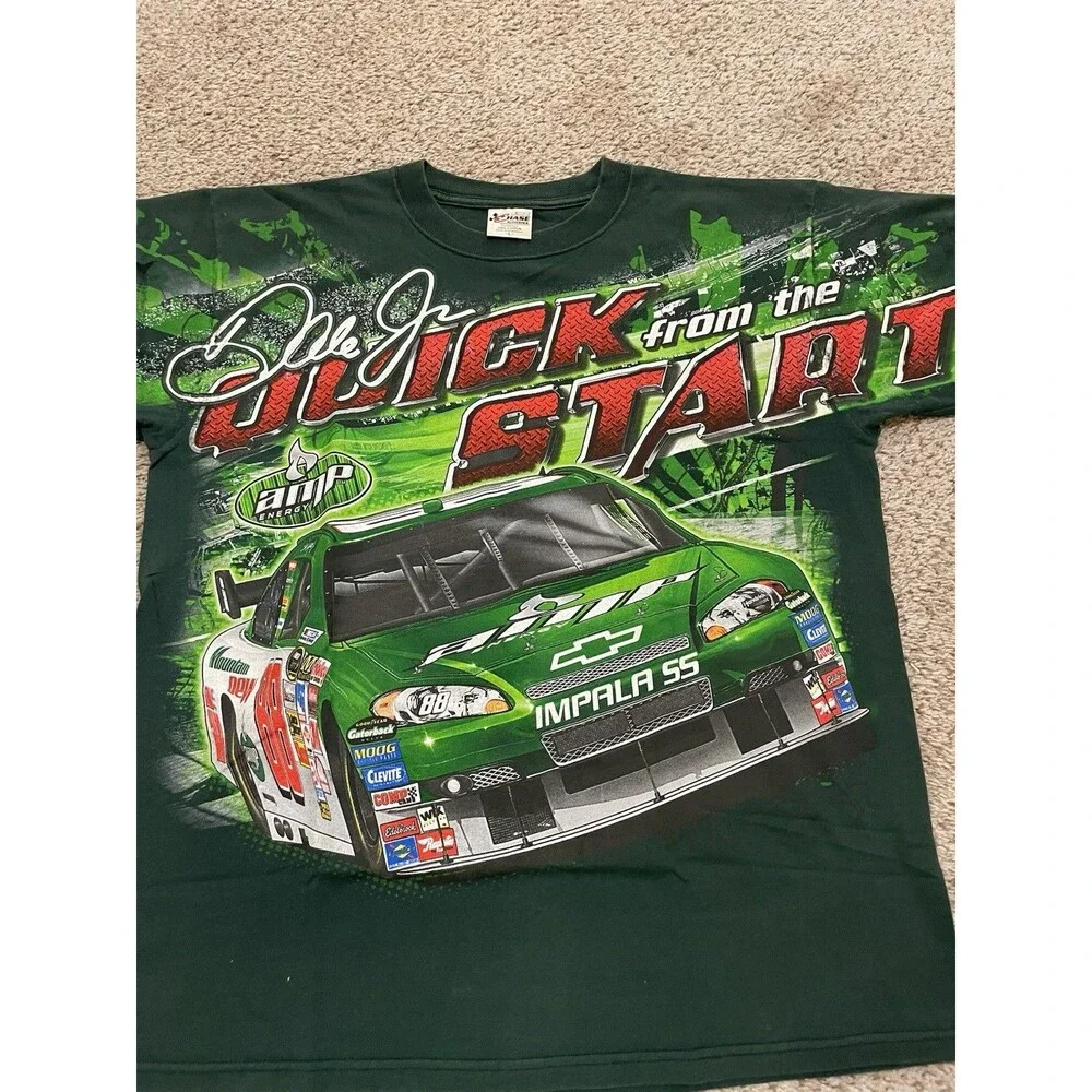 Vintage Chase Dale Jr Tee Shirt Mens Large Green All Over Print Racing Nascar